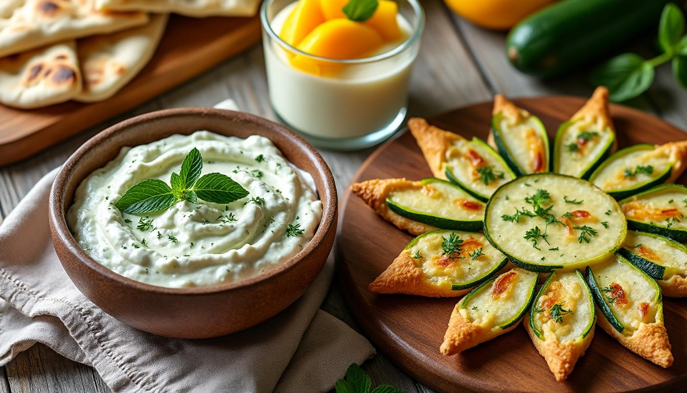 Tzatziki maison et pita tiède / Tarte soleil courgette-chèvre / Mousse légère à la mangue découvrez un menu frais et savoureux : tzatziki maison accompagné de pita tiède, tarte soleil à la courgette et au chèvre, suivis d'une mousse légère à la mangue pour finir sur une note sucrée et gourmande.
