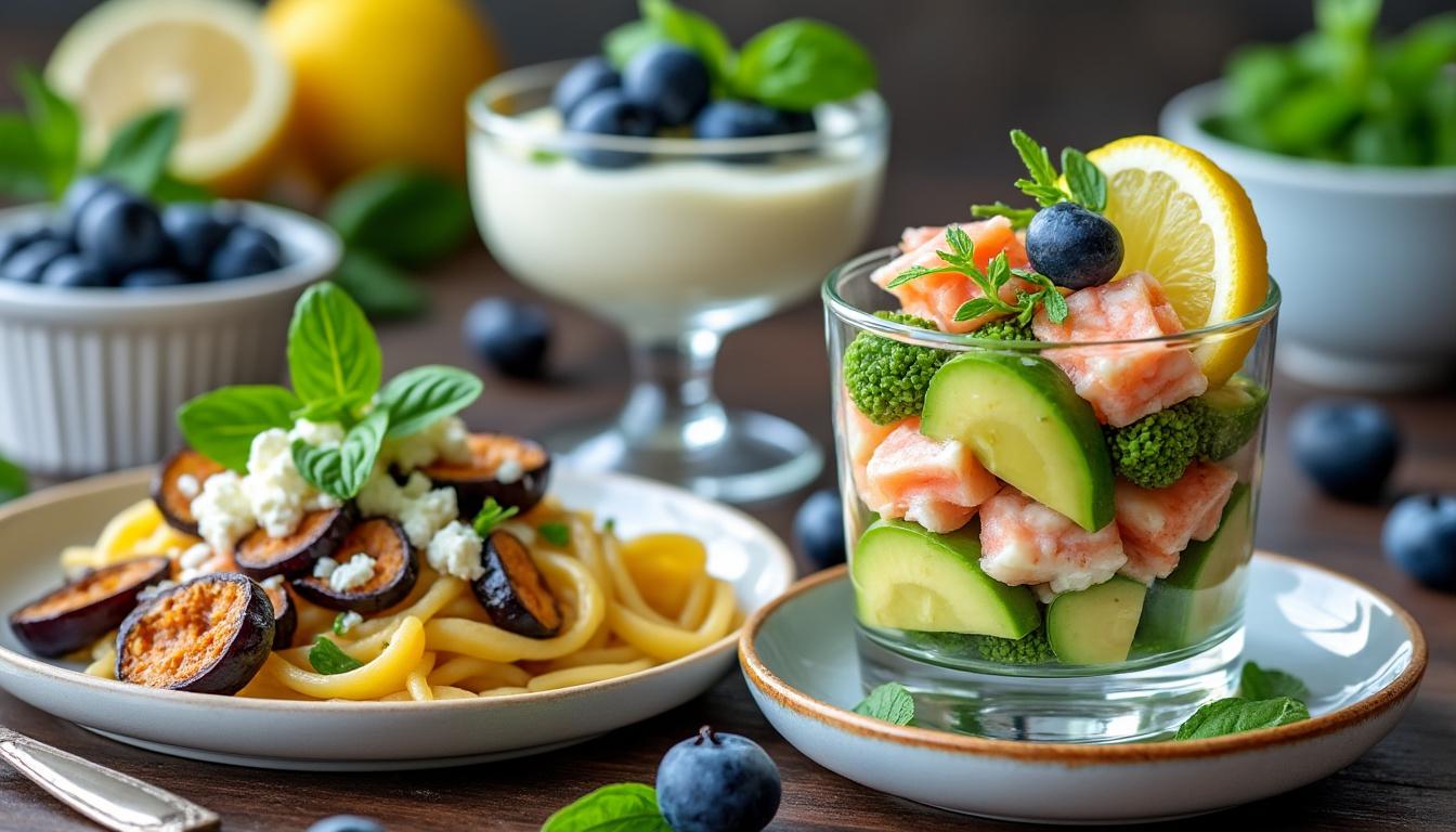 Verrine avocat, crabe et citron / Orecchiette aux aubergines et ricotta salata / Mousse aux myrtilles découvrez un menu raffiné : une verrine fraîche d'avocat, crabe et citron, suivie d'orecchiette aux aubergines et ricotta salata, et terminez en douceur avec une mousse aux myrtilles légère et gourmande.