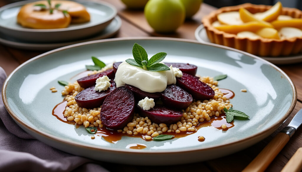 Betteraves rôties et chèvre au yaourt / Daube braisé à la sauge, épeautre / Tarte aux poires découvrez un menu raffiné : betteraves rôties accompagnées de chèvre au yaourt, suivies d’une daube braisée à la sauge et à l’épeautre, et terminez en douceur avec une délicieuse tarte aux poires.