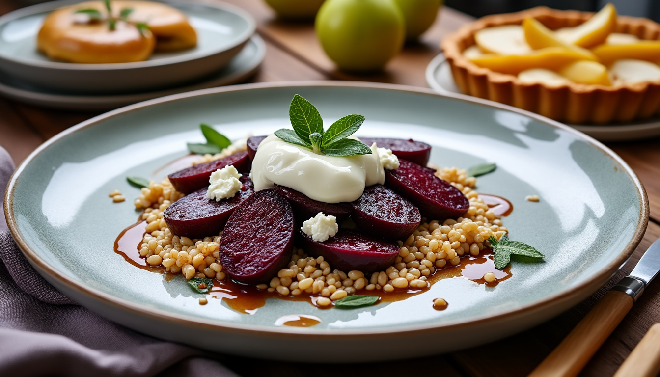 Betteraves rôties et chèvre au yaourt / Daube braisé à la sauge, épeautre / Tarte aux poires découvrez un menu raffiné : betteraves rôties accompagnées de chèvre au yaourt, suivies d’une daube braisée à la sauge et à l’épeautre, et terminez en douceur avec une délicieuse tarte aux poires.