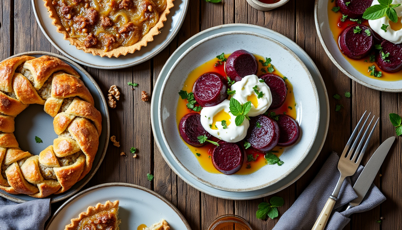 Betteraves rôties et chèvre au yaourt / Quiche braisé aux oignons caramélisés, épeautre / Tarte aux noix au sirop savourez un menu raffiné avec des betteraves rôties accompagnées de chèvre au yaourt, une quiche à l’épeautre garnie d’oignons caramélisés, et pour finir une tarte aux noix au sirop, pour une expérience gourmande et équilibrée.