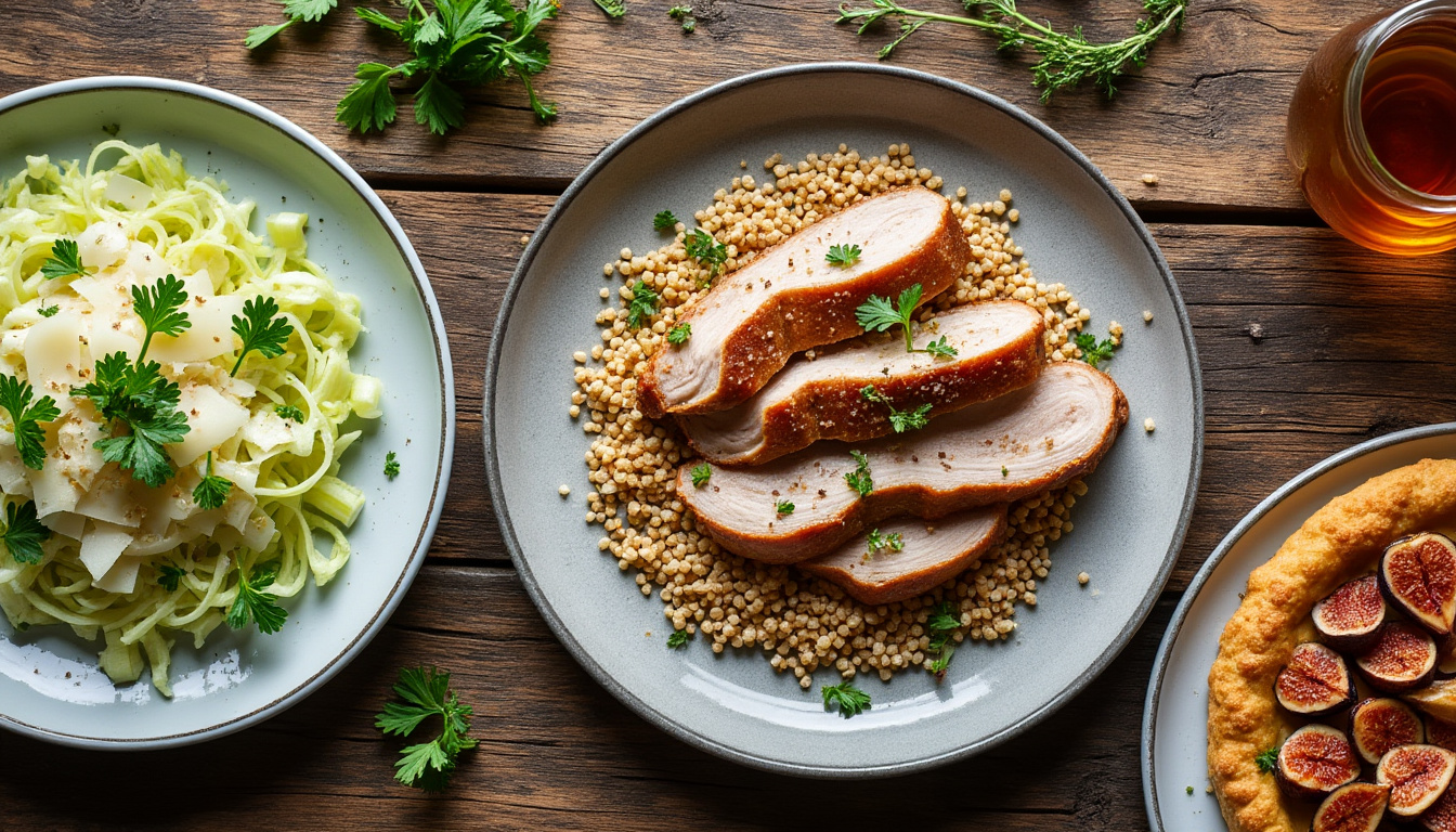 découvrez un menu gourmand : céleri rémoulade au parmesan, rôti de porc poêlé au thym accompagné d’épeautre, suivi d’une savoureuse tarte à la figue et aux amandes. un repas raffiné alliant fraîcheur et tradition.