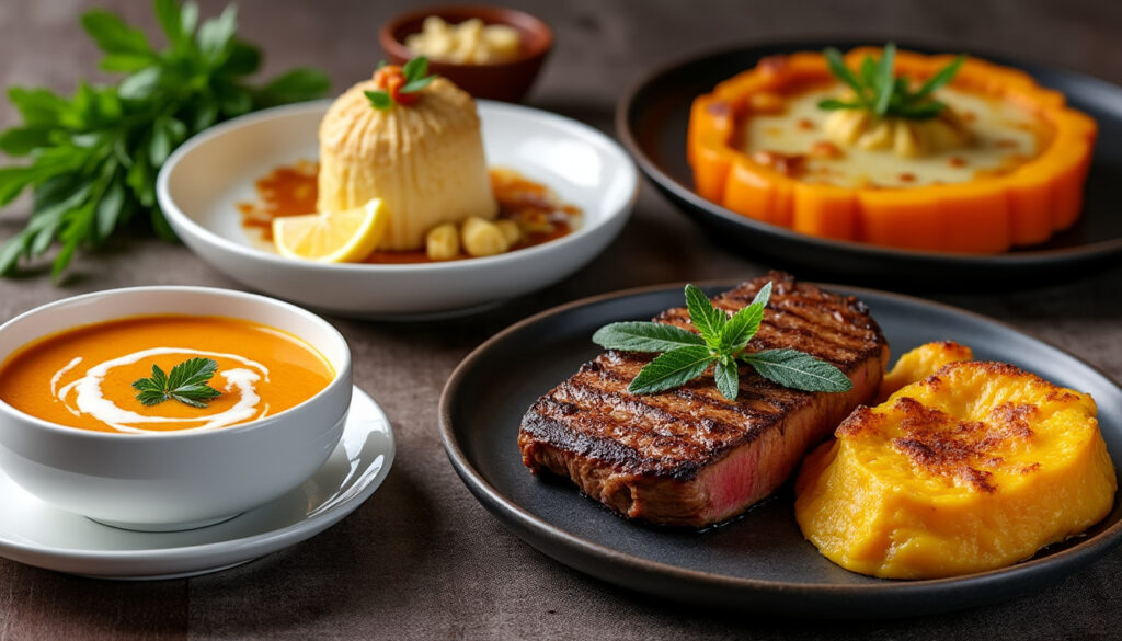 Crème de carotte au gingembre au citron / Bœuf poêlé à la sauge, gratin de potimarron / Crème de marrons maison au citron savourez un menu raffiné : crème de carotte relevée au gingembre et citron, bœuf poêlé à la sauge accompagné d’un gratin de potimarron, puis délectez-vous d’une crème de marrons maison parfumée au citron.