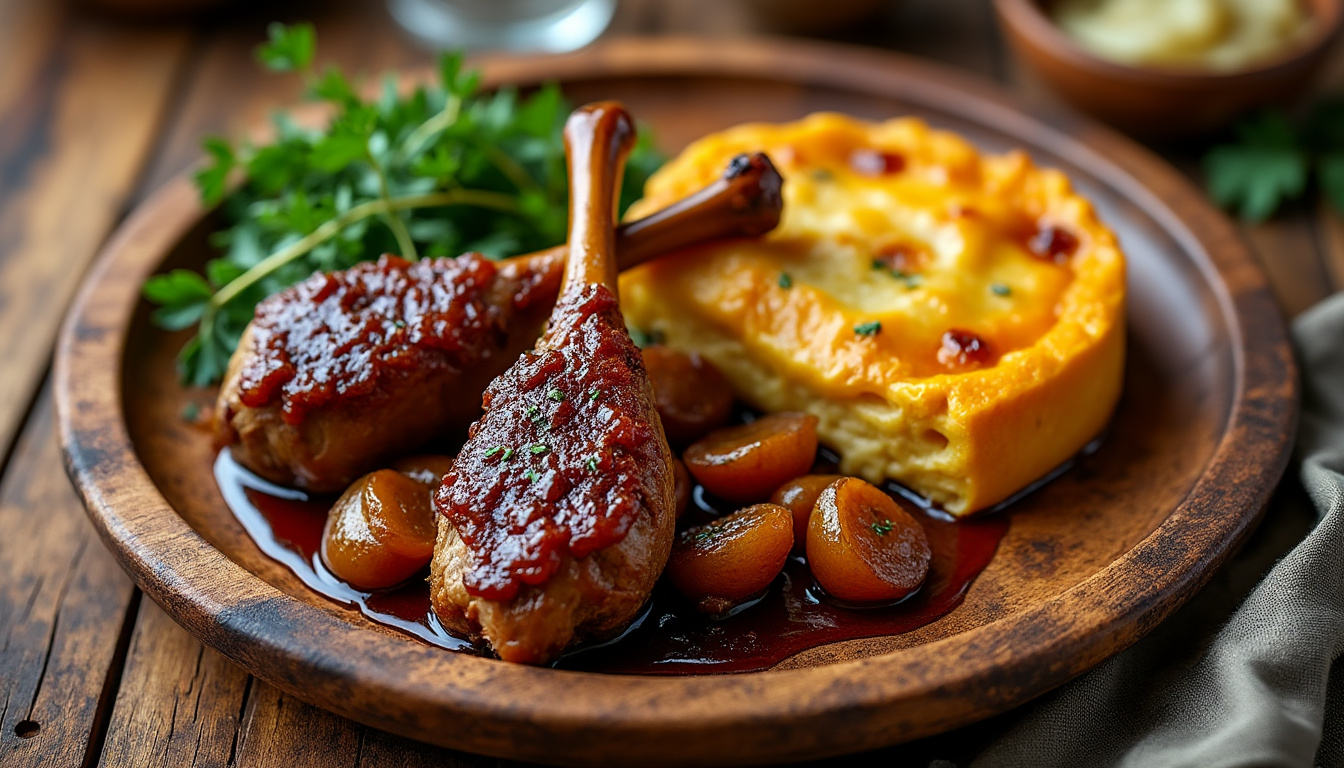 découvrez un menu raffiné composé d'une crème de carotte au gingembre et citron, suivie d'un canard braisé aux oignons caramélisés accompagné d'un gratin de potimarron, pour finir sur une délicieuse tarte aux poires.