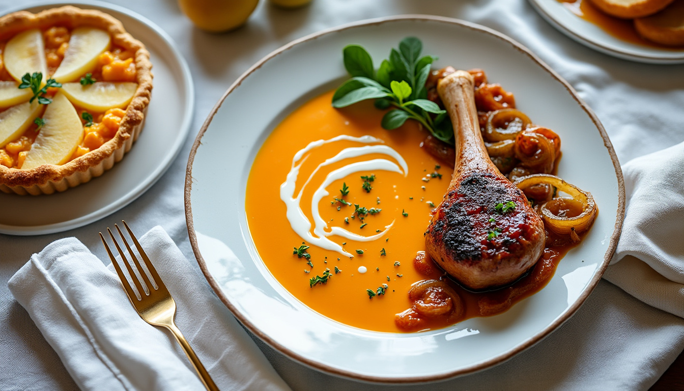 découvrez un menu gourmand : crème de carotte relevée de gingembre et citron, canard braisé aux oignons caramélisés et gratin de potimarron, suivi d’une tarte aux poires fondante. idéal pour un repas savoureux et raffiné.