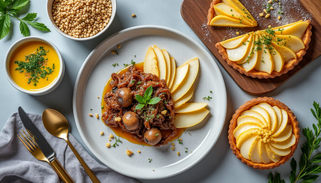 savourez un menu gourmand avec des œufs cocotte aux cèpes et herbes fraîches, un sauté de veau au four accompagné d’oignons caramélisés et d’épeautre, suivi d’une tarte aux poires relevée d’une touche de citron.