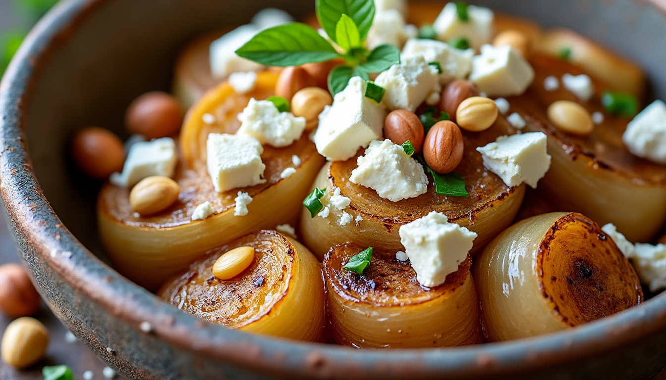 Oignons doux rôtis et feta à la noisette / Canard au four au vin rouge, polenta crémeuse / Poires pochées au vin menu gourmand : savourez des oignons doux rôtis à la feta et noisette, un canard au four au vin rouge sur polenta crémeuse, et des poires pochées au vin. parfait pour un repas raffiné et convivial.