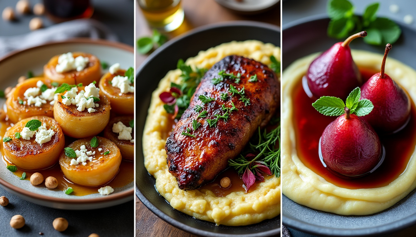 Oignons doux rôtis et feta à la noisette / Canard au four au vin rouge, polenta crémeuse / Poires pochées au vin savourez un menu raffiné : oignons doux rôtis à la feta et noisette, canard au four au vin rouge sur lit de polenta crémeuse, et poires pochées au vin pour une touche sucrée.