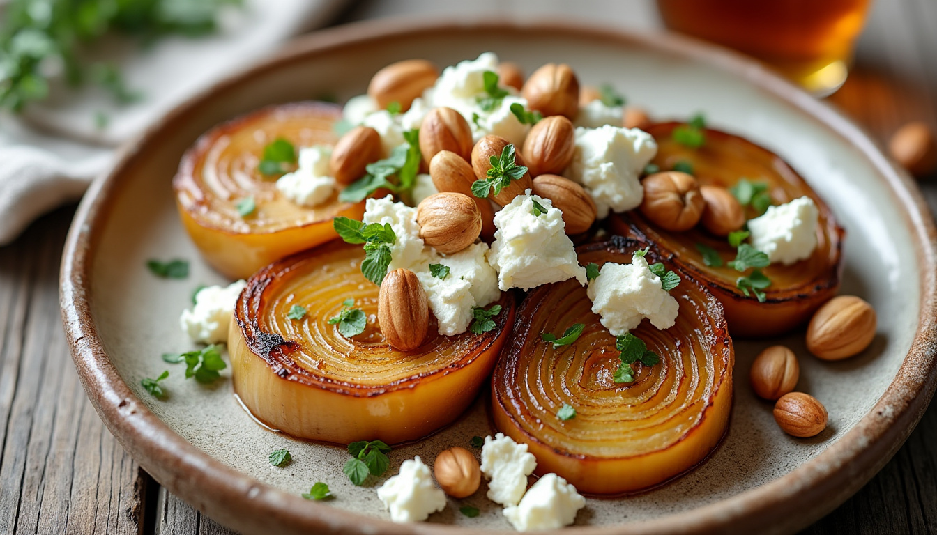 Oignons doux rôtis et feta à la noisette / Rôti de porc poêlé au thym, polenta crémeuse / Clafoutis aux raisins savourez un menu gourmand : oignons doux rôtis accompagnés de feta à la noisette, rôti de porc parfumé au thym sur polenta crémeuse, puis clafoutis moelleux aux raisins. un repas complet aux saveurs d’exception !