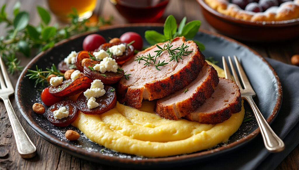 Oignons doux rôtis et feta à la noisette / Rôti de porc poêlé au thym, polenta crémeuse / Clafoutis aux raisins dégustez un menu savoureux composé d'oignons doux rôtis à la feta et noisettes, d’un rôti de porc poêlé au thym accompagné de polenta crémeuse, et terminez sur une note sucrée avec un clafoutis aux raisins.