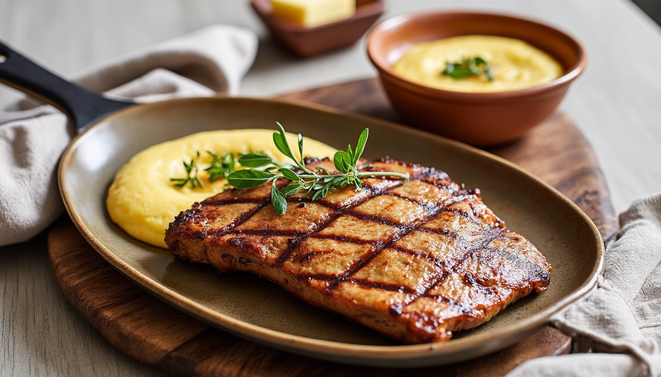 Oignons doux rôtis et feta à la noisette / Rôti de porc poêlé au thym, polenta crémeuse / Clafoutis aux raisins découvrez un menu savoureux : oignons doux rôtis à la feta, rôti de porc poêlé au thym accompagné de polenta crémeuse et clafoutis moelleux aux raisins. un repas gourmand et raffiné à partager !