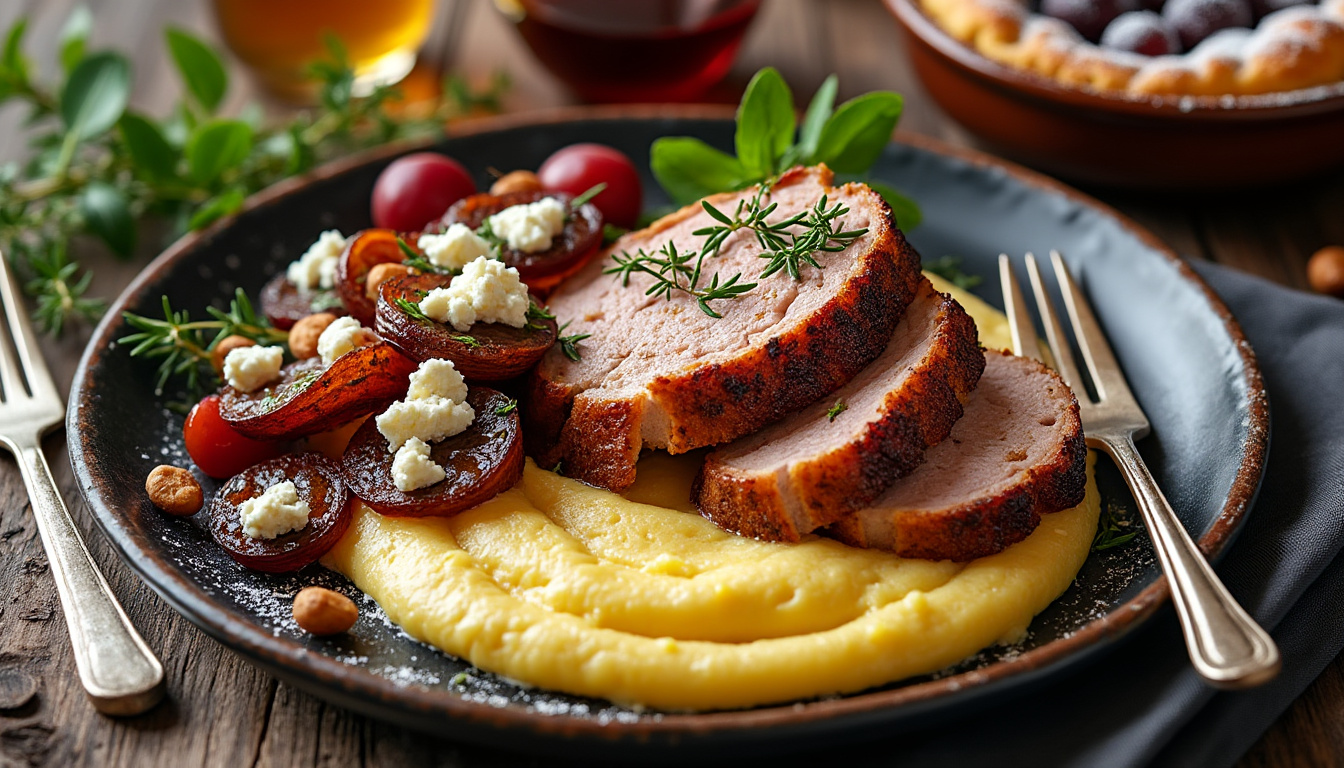 Oignons doux rôtis et feta à la noisette / Rôti de porc poêlé au thym, polenta crémeuse / Clafoutis aux raisins dégustez un menu savoureux composé d'oignons doux rôtis à la feta et noisettes, d’un rôti de porc poêlé au thym accompagné de polenta crémeuse, et terminez sur une note sucrée avec un clafoutis aux raisins.