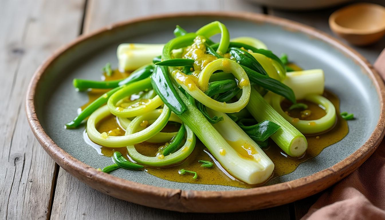 découvrez un menu raffiné : poireaux vinaigrette en entrée, pintade mijotée aux champignons et légumes rôtis en plat, suivis d'une crème caramel délicatement parfumée à la menthe en dessert.