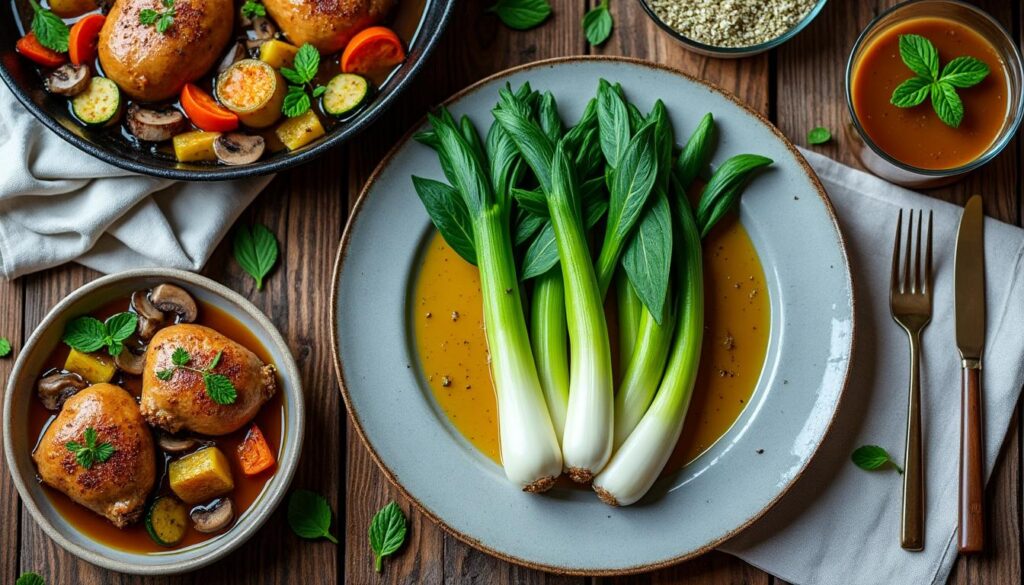 savourez un menu gourmet : poireaux vinaigrette en entrée, pintade mijotée aux champignons avec légumes rôtis en plat, et crème caramel à la menthe en dessert. un repas raffiné et plein de saveurs authentiques.