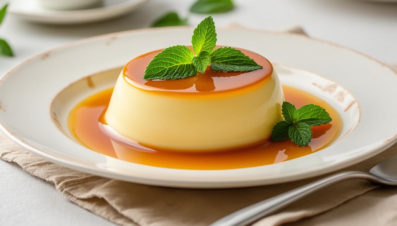 dégustez un menu raffiné : poireaux vinaigrette en entrée, pintade mijotée aux champignons et légumes rôtis en plat, puis une crème caramel subtilement parfumée à la menthe en dessert.