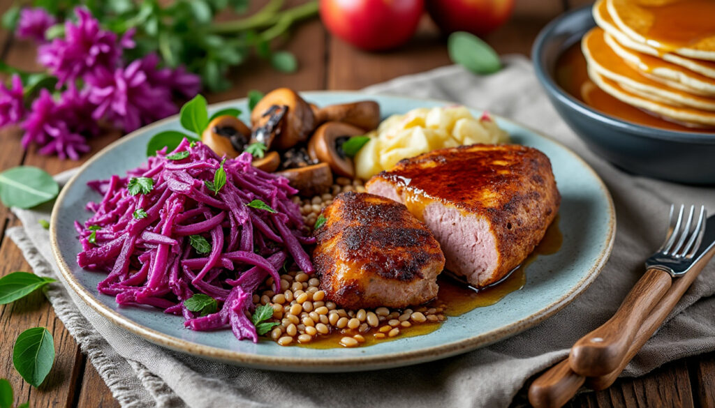découvrez un menu savoureux : salade croquante de chou rouge et pommes à l'huile d'olive, canard poêlé aux cèpes accompagné d'épeautre, puis crêpes moelleuses aux pommes nappées de sirop. un repas gourmand et raffiné.