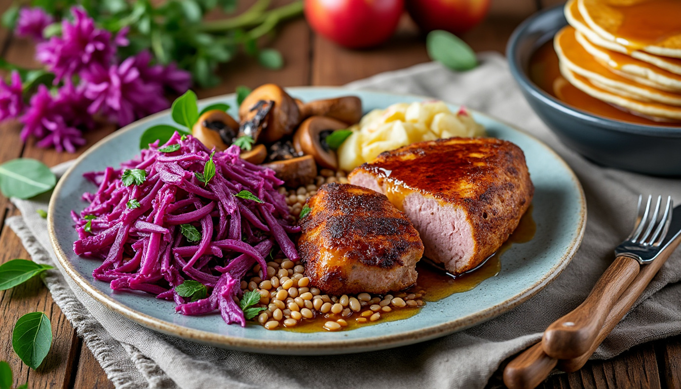Salade de chou rouge et pommes à l'huile d'olive / Canard poêlé aux cèpes, épeautre / Crêpes aux pommes au sirop découvrez un menu savoureux : salade croquante de chou rouge et pommes à l'huile d'olive, canard poêlé aux cèpes accompagné d'épeautre, puis crêpes moelleuses aux pommes nappées de sirop. un repas gourmand et raffiné.