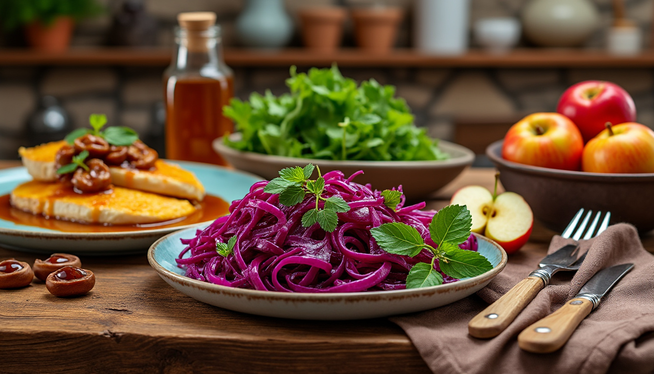 Salade de chou rouge et pommes aux herbes / Merlu braisé aux châtaignes, gratin de potimarron / Pommes rôties au miel au miel découvrez un menu automnal gourmand : salade de chou rouge et pommes parfumée aux herbes, merlu braisé accompagné de châtaignes et de gratin de potimarron, puis savourez de délicieuses pommes rôties au miel.