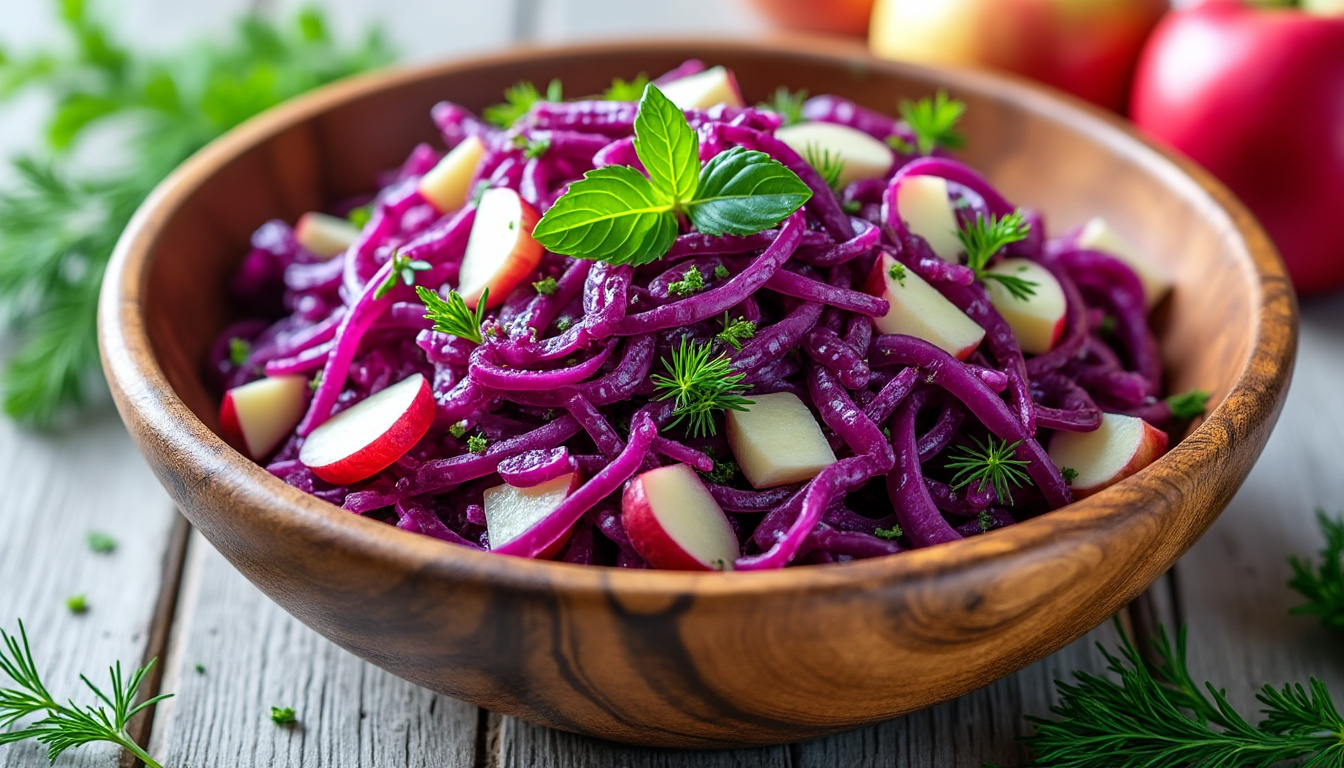 Salade de chou rouge et pommes aux herbes / Merlu braisé aux châtaignes, gratin de potimarron / Pommes rôties au miel au miel découvrez un menu automnal gourmand : salade croquante de chou rouge et pommes aux herbes, merlu braisé aux châtaignes accompagné d’un gratin de potimarron, et pommes rôties au miel pour finir sur une note sucrée.