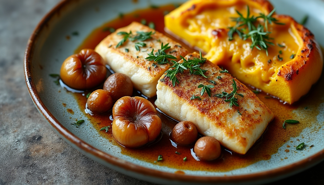 Salade de chou rouge et pommes aux herbes / Merlu braisé aux châtaignes, gratin de potimarron / Pommes rôties au miel au miel découvrez un menu d'automne raffiné : salade croquante de chou rouge et pommes aux herbes, merlu braisé aux châtaignes accompagné d’un gratin de potimarron fondant, et pour finir, des pommes rôties au miel. un repas savoureux et coloré, parfait pour régaler vos convives !