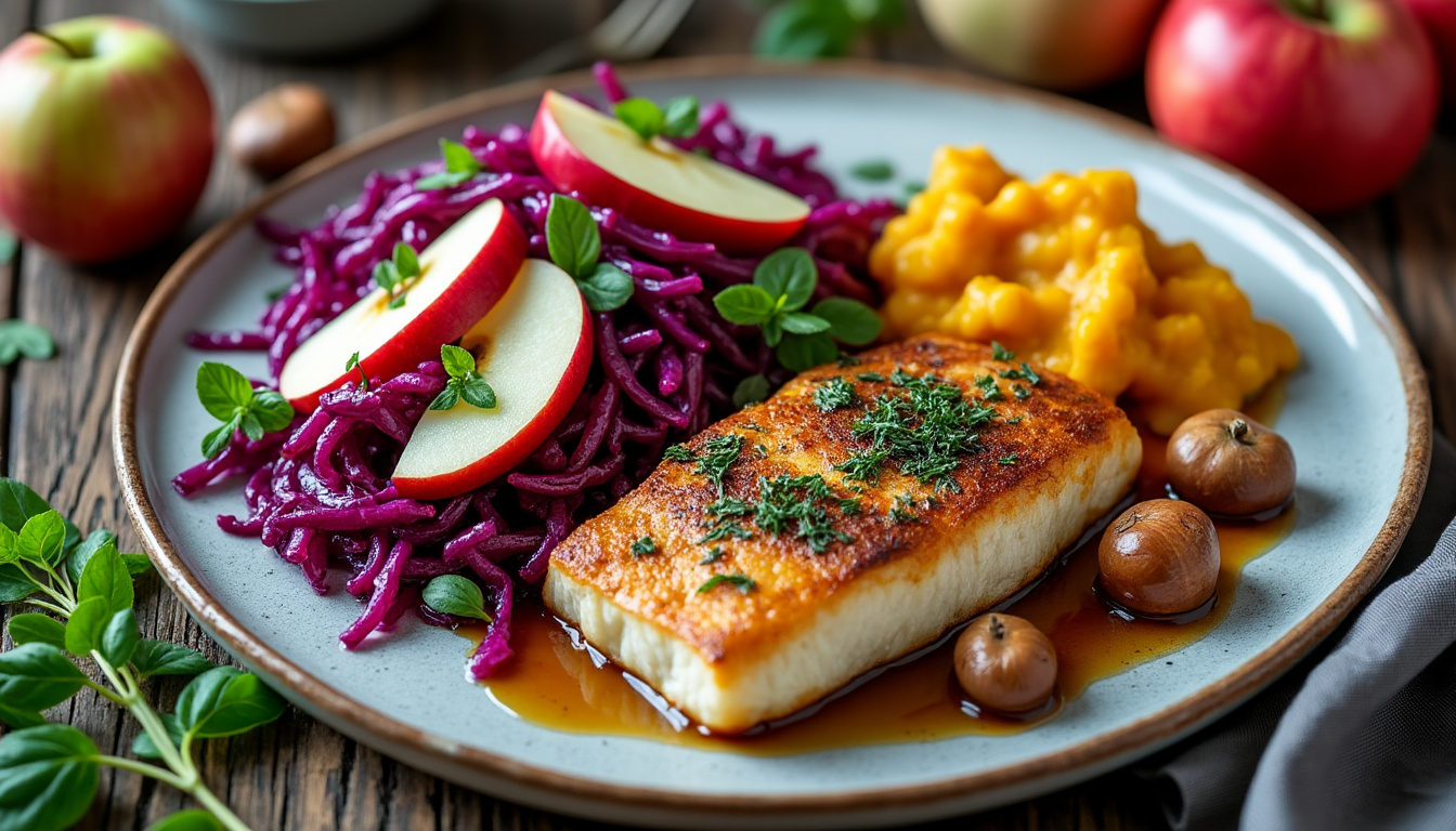 Salade de chou rouge et pommes aux herbes / Merlu braisé aux châtaignes, gratin de potimarron / Pommes rôties au miel au miel découvrez un menu raffiné : salade de chou rouge et pommes relevée aux herbes, merlu braisé aux châtaignes accompagné d'un gratin de potimarron, puis savourez des pommes rôties au miel pour une touche sucrée irrésistible.