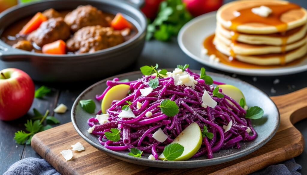 découvrez un menu savoureux : salade croquante de chou rouge, pommes et parmesan, civet de lapin au four aux cèpes et carottes glacées, et pour finir, de délicieuses crêpes aux pommes nappées de sirop.
