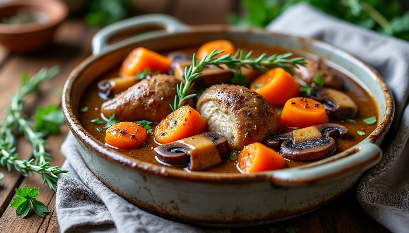Salade de chou rouge et pommes et parmesan / Civet de lapin au four aux cèpes, carottes glacées / Crêpes aux pommes au sirop savourez un menu raffiné : salade croquante de chou rouge, pommes et parmesan, suivie d’un civet de lapin au four aux cèpes et carottes glacées, puis terminez avec de délicieuses crêpes aux pommes nappées de sirop.