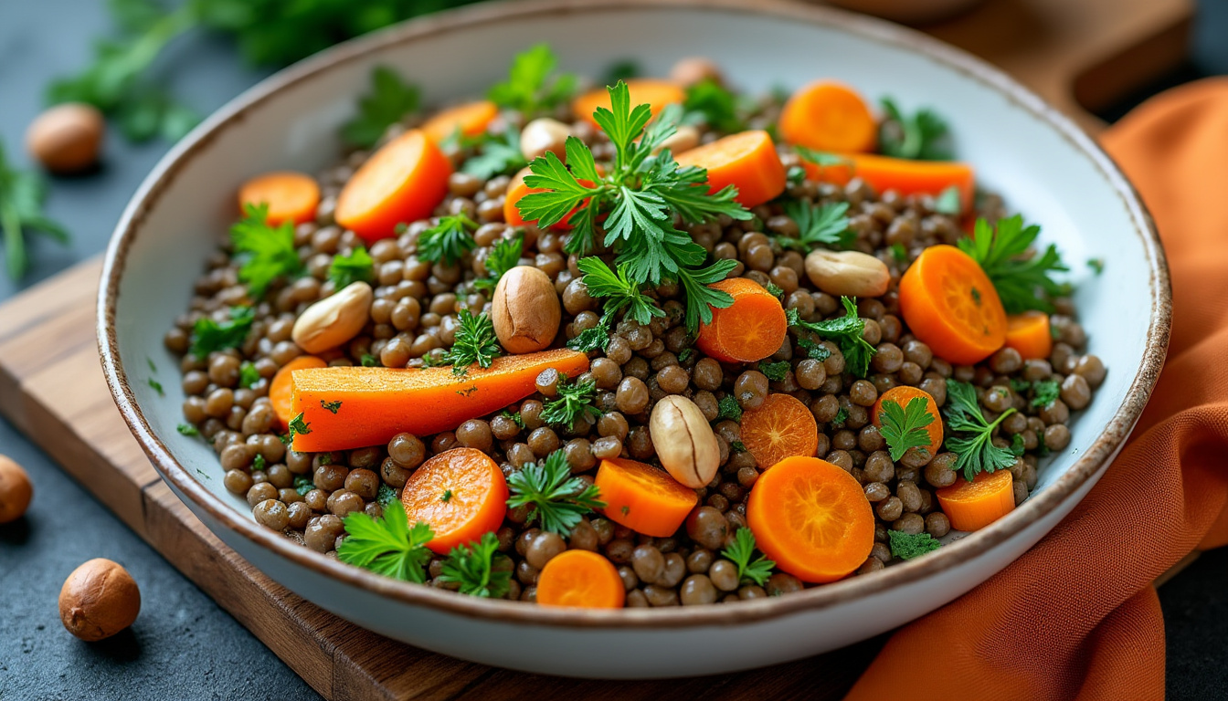 découvrez un menu savoureux composé d'une salade de lentilles, carottes et herbes à la noisette, suivi d'une daube mijotée aux oignons caramélisés accompagnée de riz, et terminez par un cake aux noix nappé de sirop. un repas gourmand et équilibré à partager !