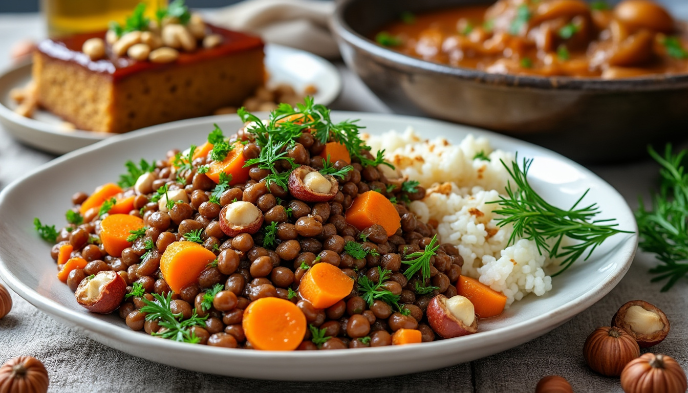 découvrez un menu savoureux : salade de lentilles, carottes et herbes à la noisette, suivie d'une daube mijotée aux oignons caramélisés avec riz, et pour finir un cake aux noix imbibé de sirop. des plats gourmands, équilibrés et faits maison !