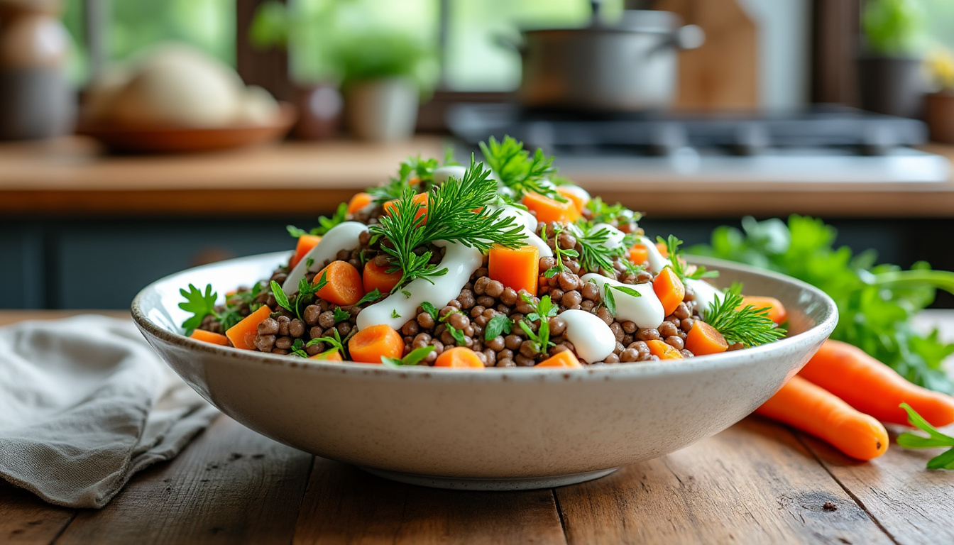 Salade de lentilles, carottes et herbes au yaourt / Civet de lapin braisé aux châtaignes, polenta crémeuse / Crème brûlée à la menthe découvrez un menu gourmand et raffiné : une salade de lentilles, carottes et herbes fraîches relevée de yaourt, suivie d’un civet de lapin braisé aux châtaignes accompagné de polenta crémeuse, et concluez sur une note sucrée avec une crème brûlée délicatement parfumée à la menthe.