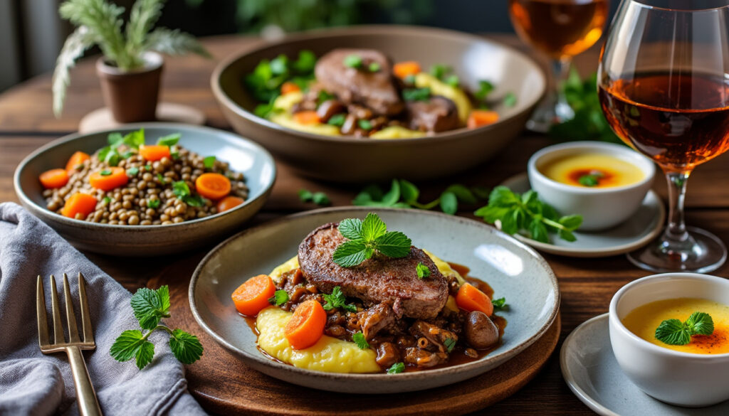 découvrez un menu gourmand avec une salade de lentilles aux carottes et herbes relevée d'une sauce yaourt, suivie d'un civet de lapin braisé aux châtaignes accompagné de polenta crémeuse, et terminez sur une note fraîche avec une crème brûlée à la menthe.