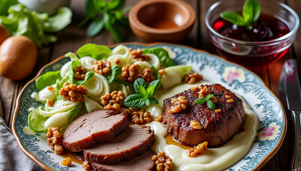découvrez un menu gourmand et équilibré : salade d’endives croquantes aux noix et comté relevée d’une sauce légère au yaourt, rôti de porc braisé aux oignons caramélisés accompagné d’une purée onctueuse de pommes de terre, et poires pochées au vin parfumées à la menthe pour conclure sur une note fraîche et fruitée.