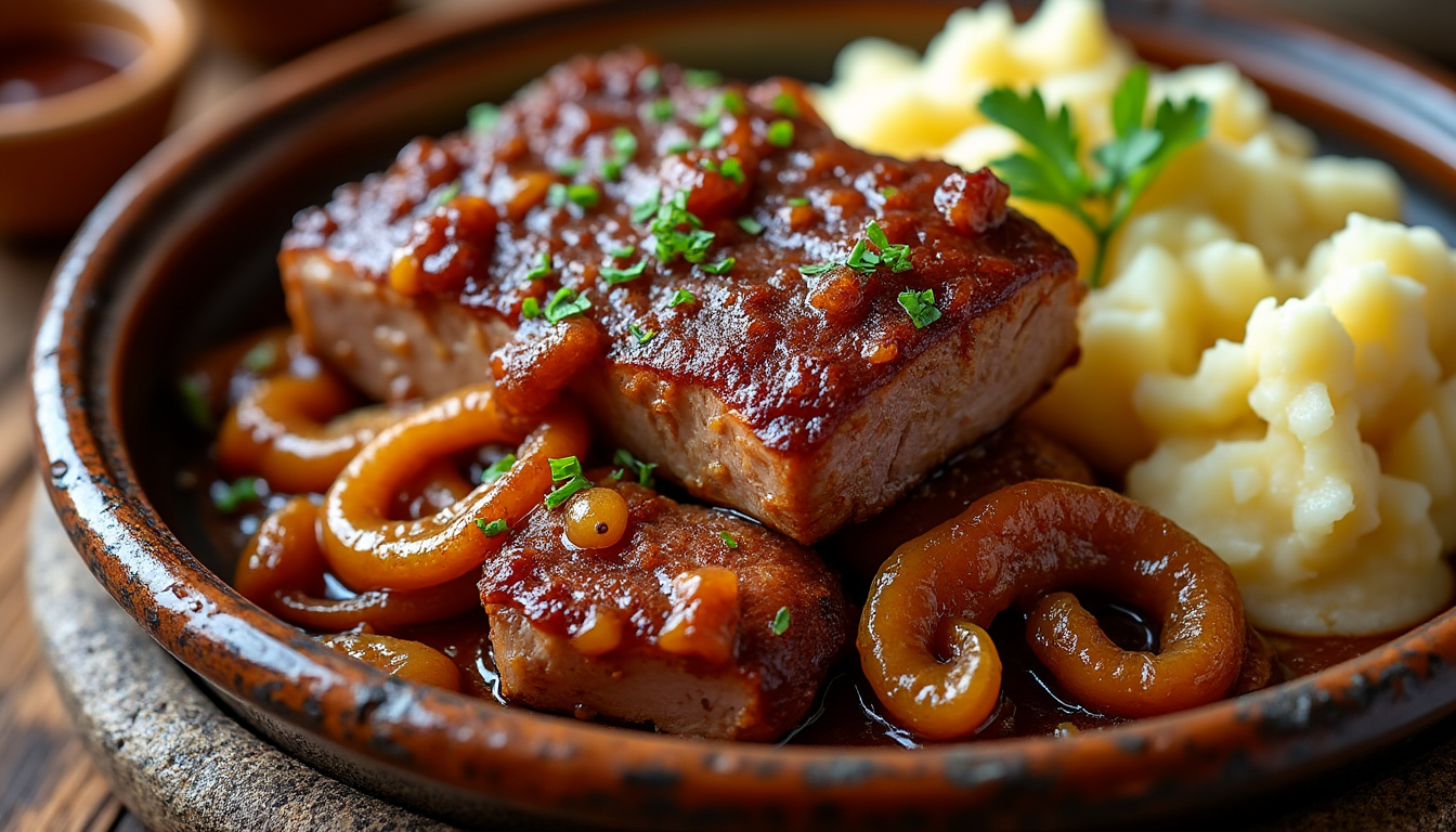 Salade d’endives, noix et comté au yaourt / Rôti de porc braisé aux oignons caramélisés, purée de pomme de terre / Poires pochées au vin à la menthe découvrez un menu savoureux alliant fraîcheur et gourmandise : salade d’endives aux noix et comté sur lit de yaourt, rôti de porc braisé aux oignons caramélisés accompagné d’une purée onctueuse, et poires pochées au vin délicatement parfumées à la menthe.