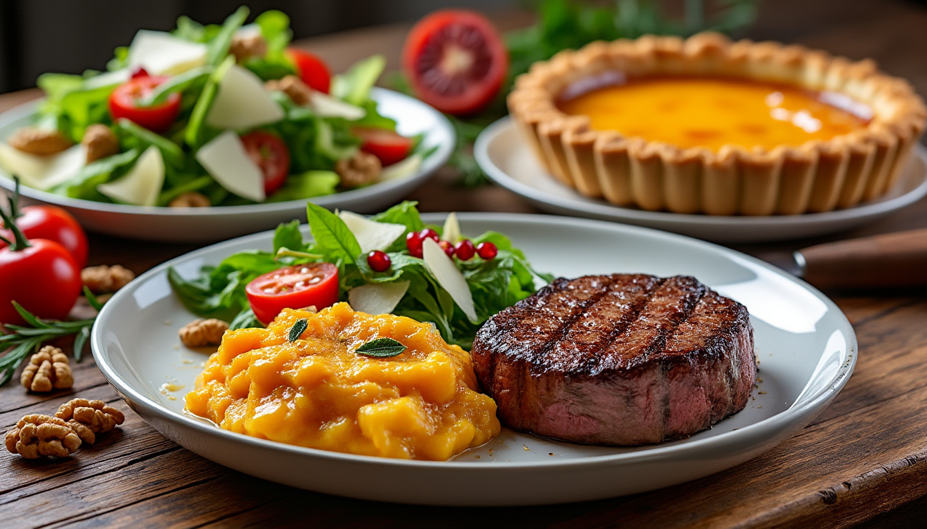 découvrez un menu raffiné : salade d’endives croquantes aux noix, comté et parmesan, suivie d’un filet mignon rôti à la sauge servi avec un gratin de potimarron fondant, et terminez sur une délicieuse tarte aux noix nappée de sirop. idéal pour un repas gourmand et élégant.