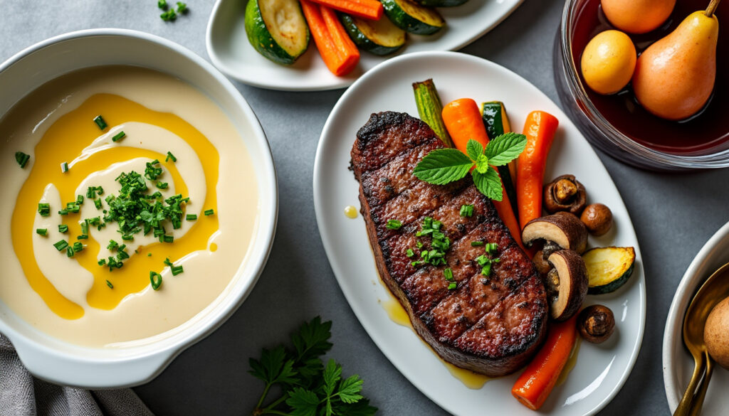 savourez un menu raffiné : commencez par une soupe de panais à l'huile d'olive, poursuivez avec un filet mignon au four accompagné de champignons et de légumes rôtis, et terminez par des poires pochées au vin et sirop. un repas complet alliant gourmandise et élégance.