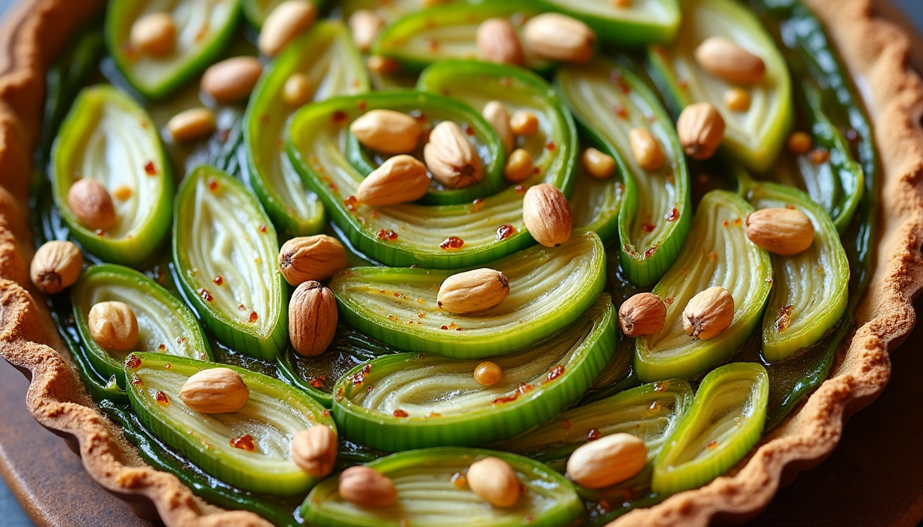 découvrez un menu gourmand avec une tarte aux poireaux parfumée à la noisette, un rôti de porc au four accompagné de champignons et de tagliatelles, puis terminez sur une note sucrée avec un fondant au chocolat nappé de sirop.
