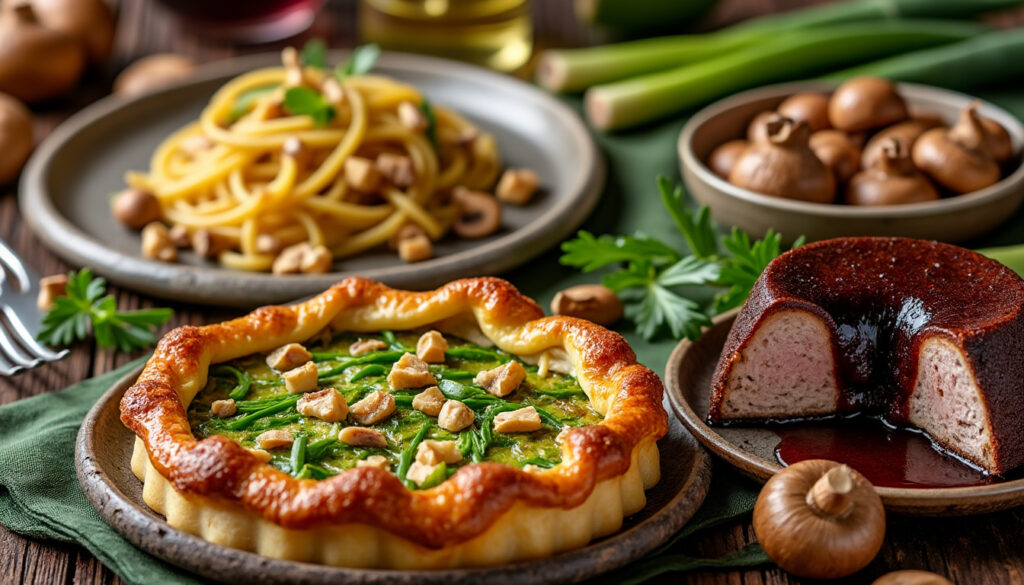 Tarte aux poireaux à la noisette / Rôti de porc au four aux champignons, tagliatelles / Fondant au chocolat au sirop découvrez un menu gourmand avec une tarte aux poireaux et noisettes, un rôti de porc au four accompagné de champignons et tagliatelles, suivi d’un fondant au chocolat nappé de sirop. des saveurs authentiques et généreuses !