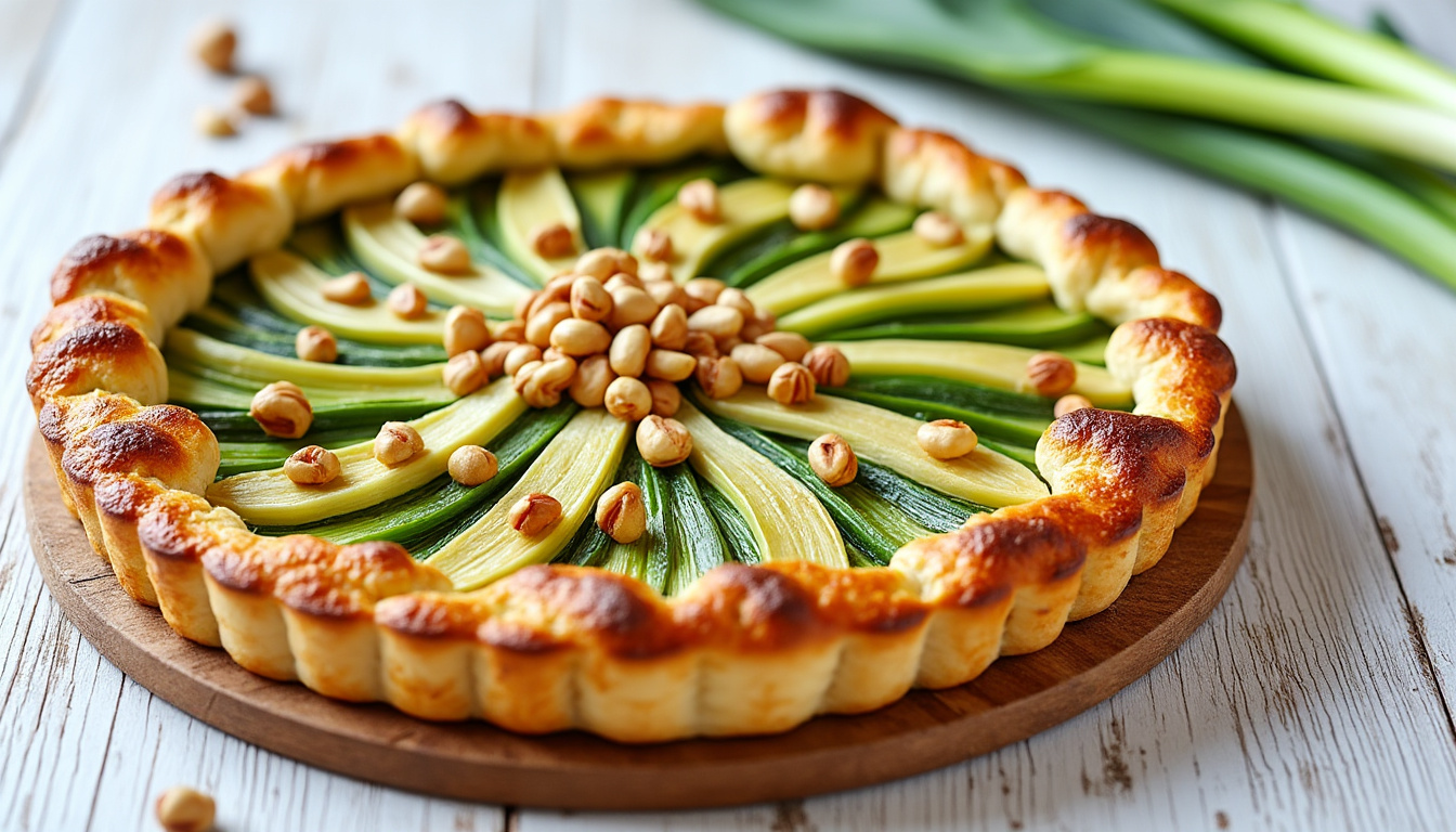découvrez un menu savoureux composé d'une tarte aux poireaux parfumée à la noisette, d'un rôti de porc au four accompagné de champignons et de tagliatelles, et terminez par un fondant au chocolat nappé de sirop gourmand. un repas complet alliant gourmandise et authenticité.
