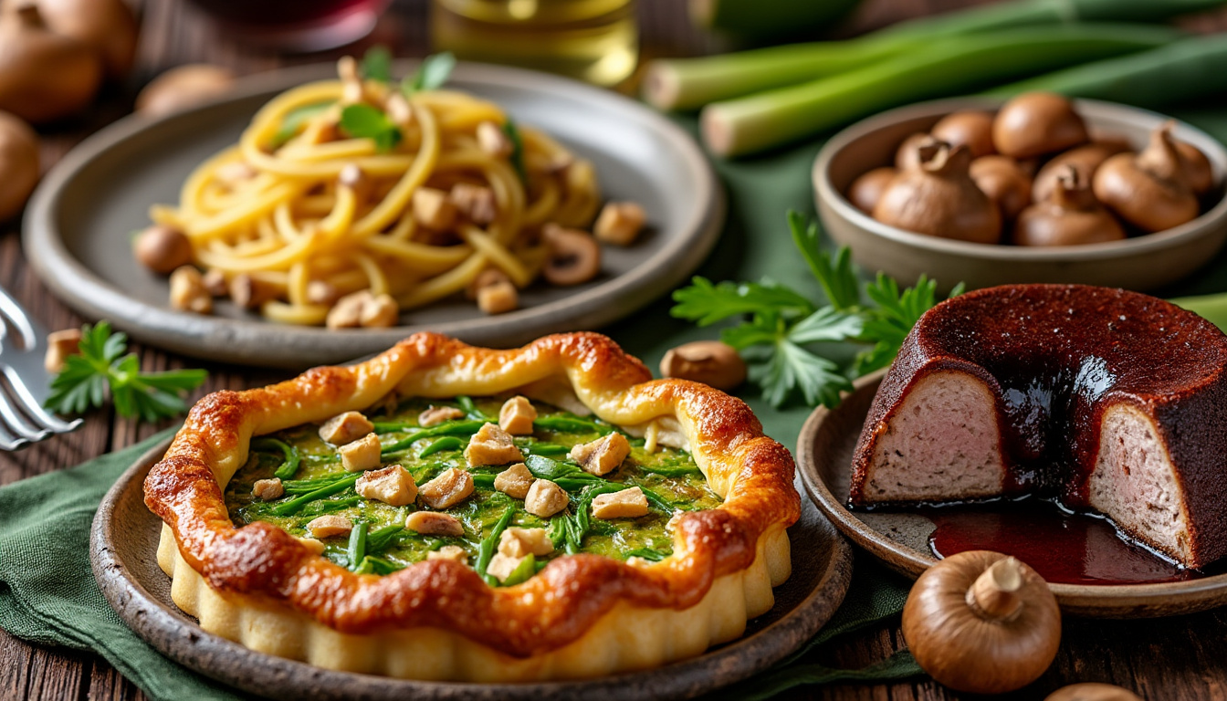 découvrez un menu gourmand avec une tarte aux poireaux et noisettes, un rôti de porc au four accompagné de champignons et tagliatelles, suivi d’un fondant au chocolat nappé de sirop. des saveurs authentiques et généreuses !