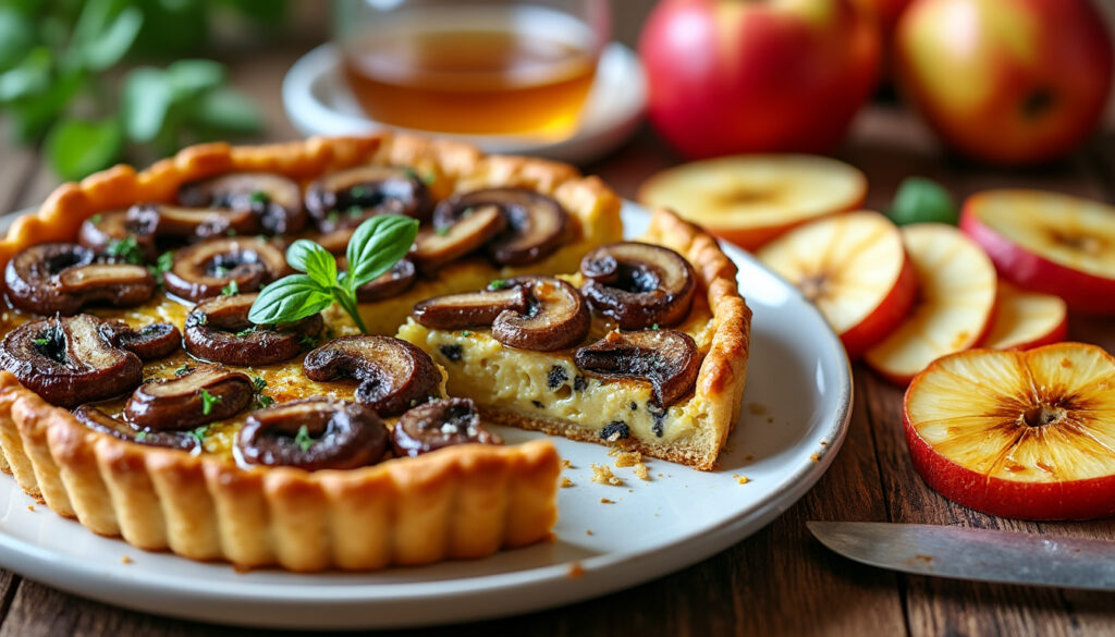Tarte fine aux champignons / Quiche rôti aux champignons, épeautre / Pommes rôties au miel au citron découvrez notre tarte fine aux champignons délicatement dorée, une quiche aux champignons rôtis et épeautre savoureuse, ainsi que des pommes rôties au miel et citron, pour un repas gourmand et raffiné.
