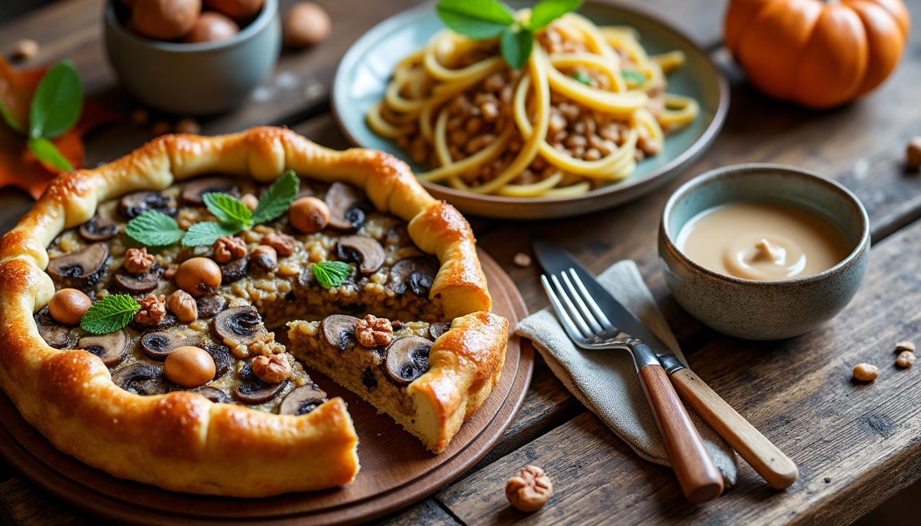 Tarte fine aux champignons à la noisette / Risotto braisé aux châtaignes, tagliatelles / Crème caramel à la menthe savourez une entrée raffinée de tarte fine aux champignons et noisette, suivie d’un risotto braisé aux châtaignes accompagné de tagliatelles, puis terminez en douceur avec une crème caramel subtilement parfumée à la menthe.