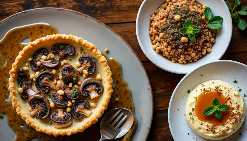 découvrez un menu gourmand : tarte fine aux champignons relevée de noisettes, risotto crémeux braisé aux châtaignes accompagné de tagliatelles, suivi d'une onctueuse crème caramel à la menthe. une expérience raffinée aux saveurs automnales.