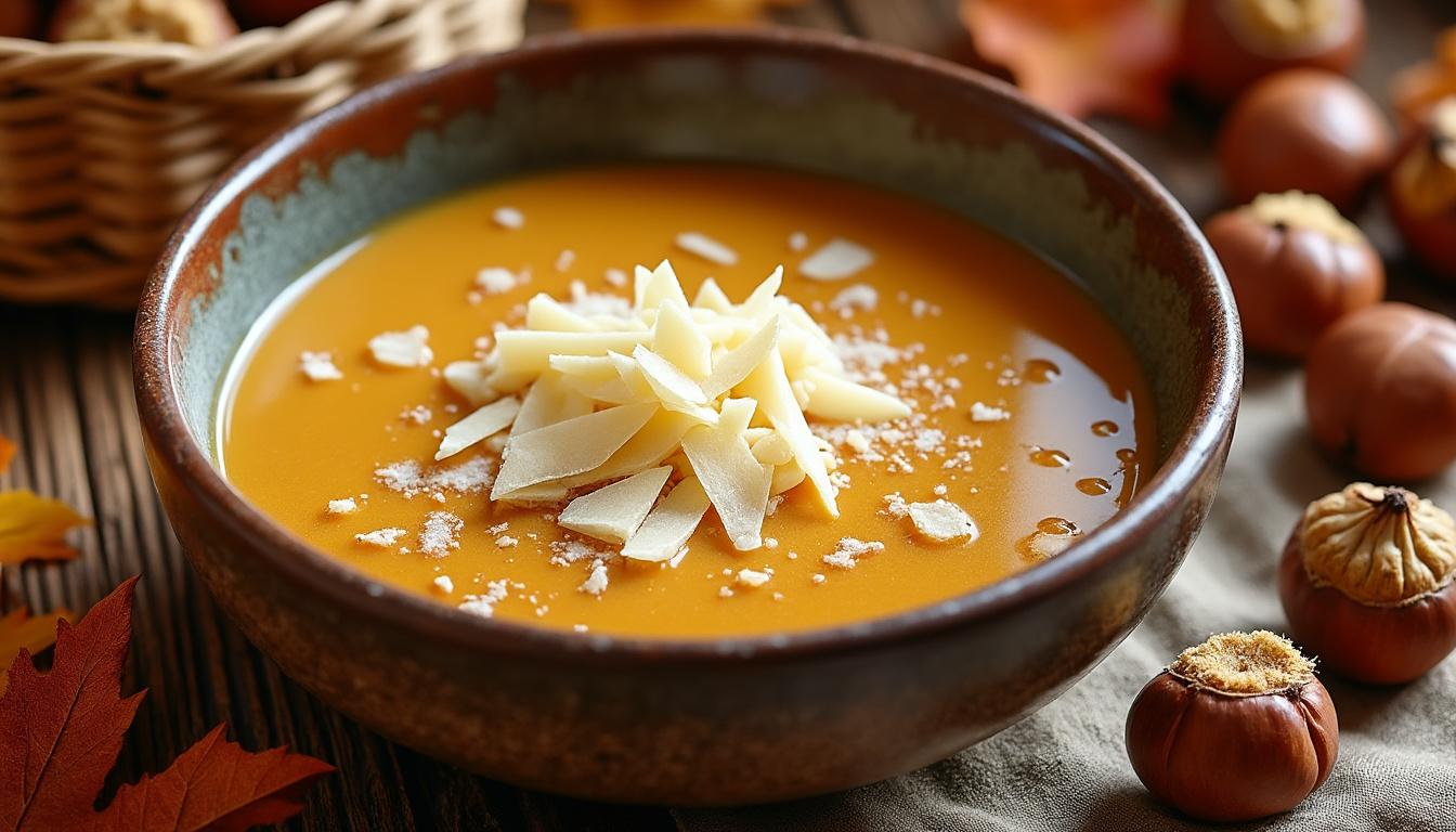 découvrez un menu gourmand : velouté de châtaignes relevé de parmesan, quiche au rôti parfumé au thym et gratin de potimarron, suivi d’une délicieuse crème de marrons maison aux amandes pour finir en douceur.