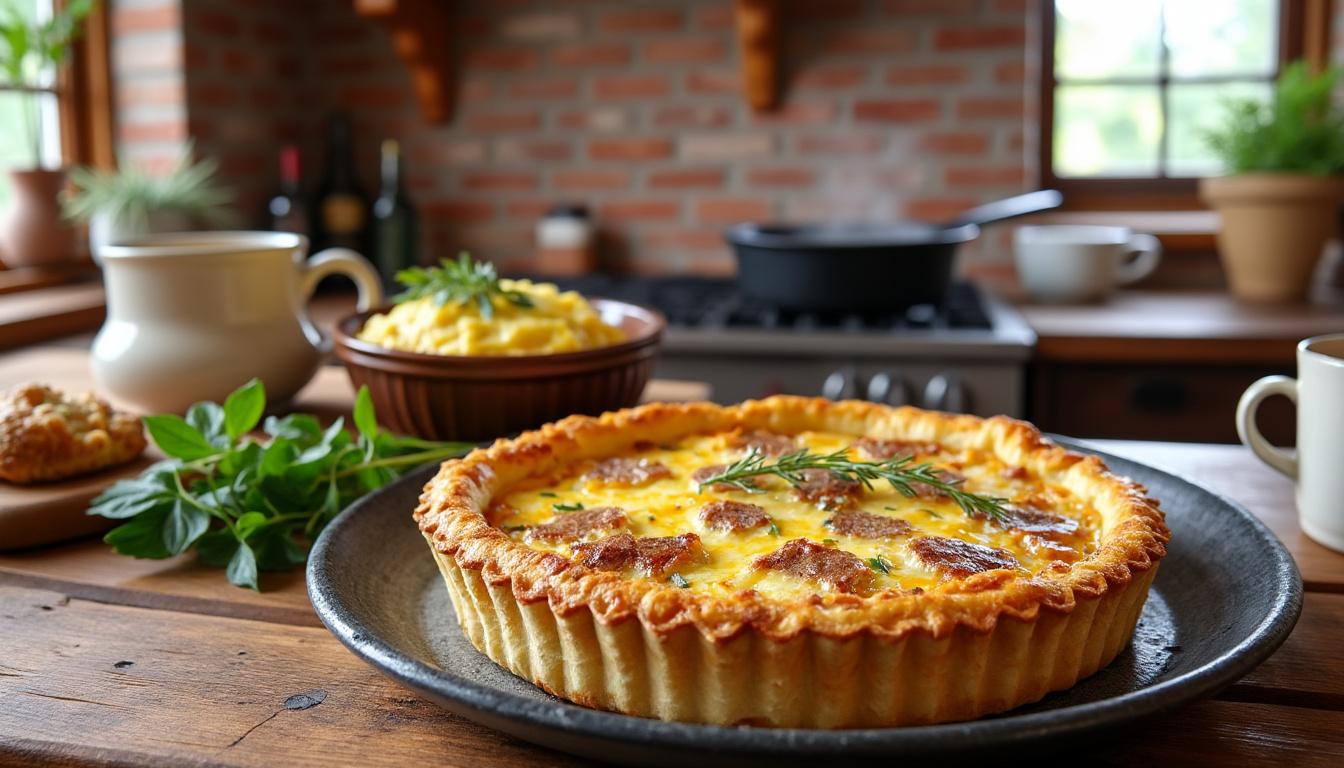 découvrez un menu automnal composé d'un velouté onctueux de châtaignes et parmesan, suivi d'une savoureuse quiche au rôti et thym accompagnée d'un gratin de potimarron, puis terminez sur une douce note avec une crème de marrons maison et des amandes croquantes.