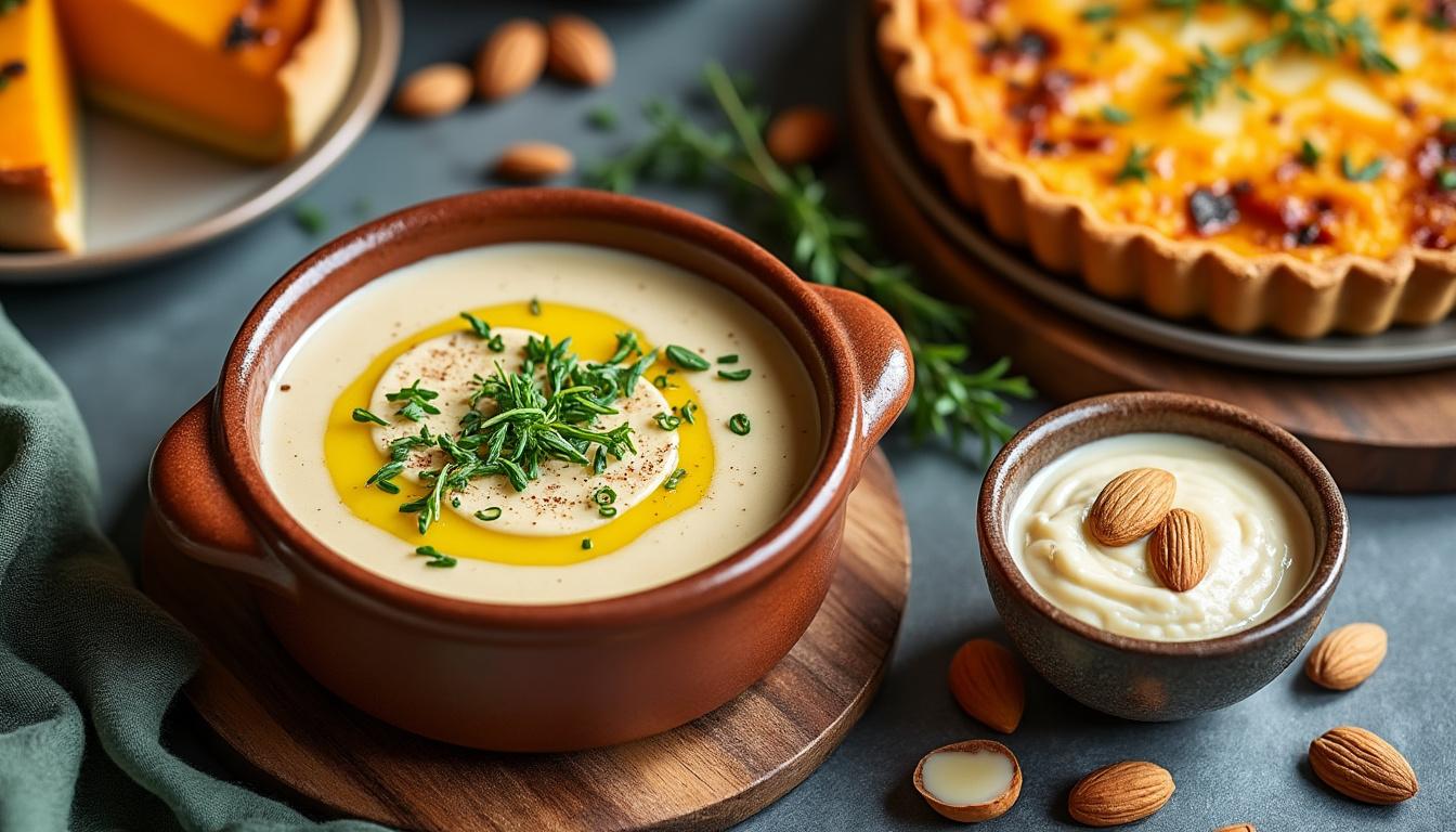 savourez un menu automnal composé d'un velouté fondant de châtaignes au parmesan, suivi d'une quiche dorée au rôti et au thym accompagnée d'un gratin de potimarron, et terminez par une crème de marrons maison agrémentée d'amandes croquantes.