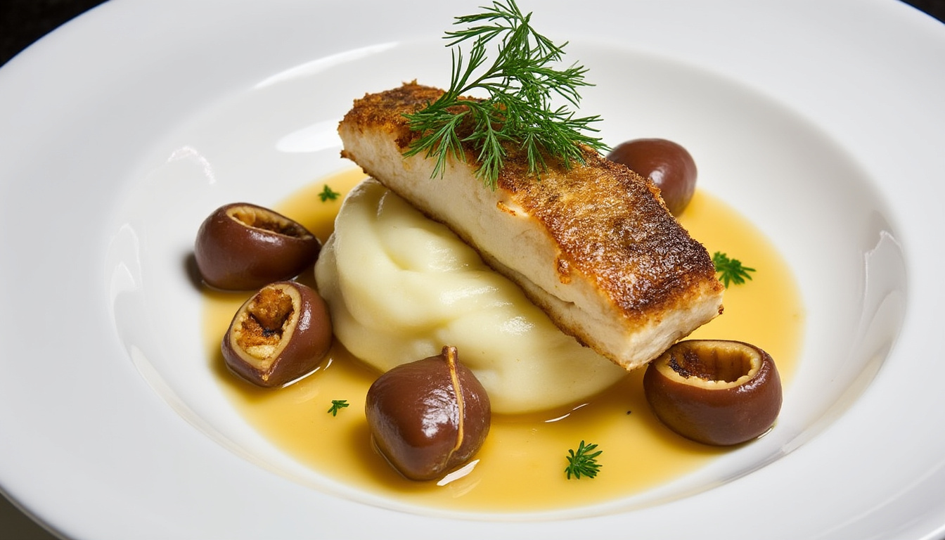 découvrez un menu gourmand : velouté de courge butternut au yaourt, bar braisé aux châtaignes accompagné de purée de pomme de terre, suivi d'une crème brûlée aux amandes en dessert. parfait pour un repas raffiné et chaleureux.