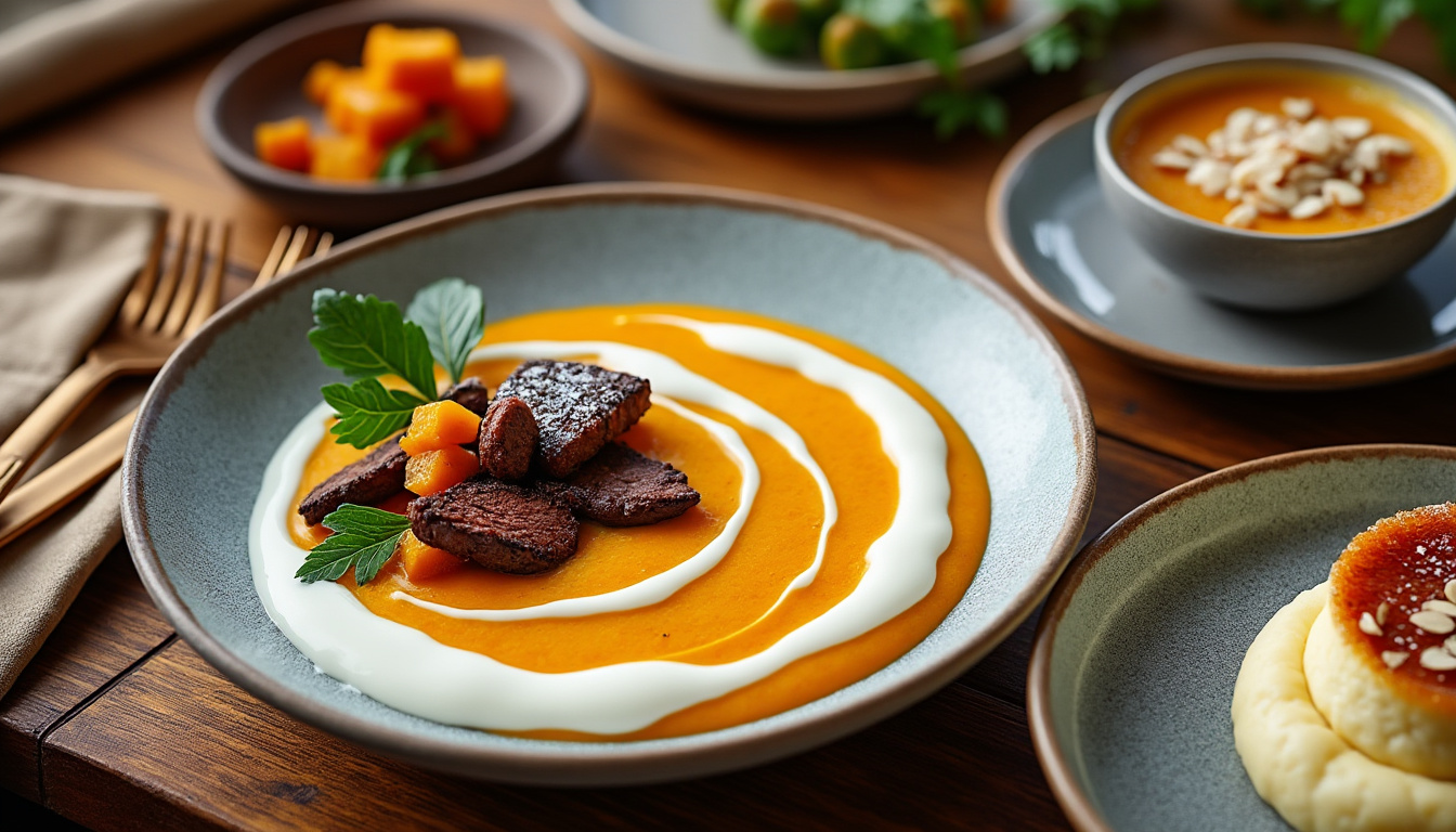dégustez un menu raffiné : velouté onctueux de courge butternut au yaourt, bar braisé aux châtaignes accompagné de purée de pomme de terre, et terminez par une crème brûlée aux amandes fondantes.