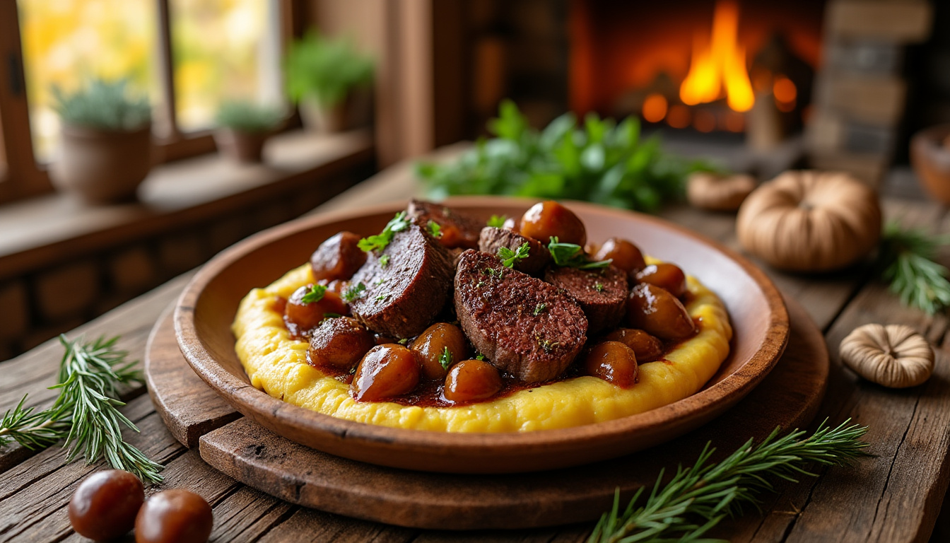 découvrez un menu automnal gourmand : velouté de potimarron onctueux, bœuf braisé aux châtaignes accompagné de polenta crémeuse, et terminez sur une note sucrée avec une délicieuse tarte aux noix.
