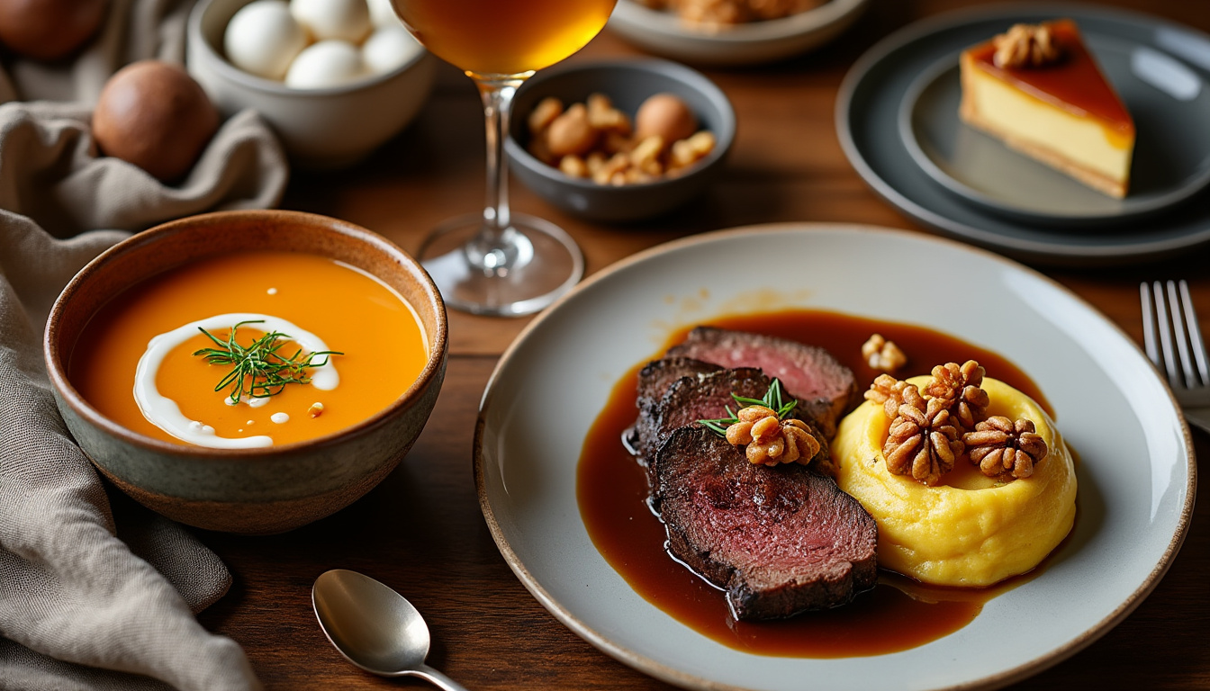 savourez un menu d'automne raffiné : velouté de potimarron doux, bœuf braisé aux châtaignes accompagné de polenta crémeuse, puis pour finir, une délicieuse tarte aux noix gourmande.