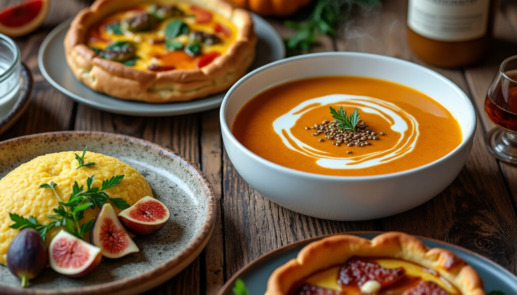 savourez un menu automnal raffiné : velouté de potimarron onctueux, quiche gourmande au vin rouge accompagnée de polenta crémeuse, et tarte à la figue et aux amandes en dessert. un vrai régal fait maison !